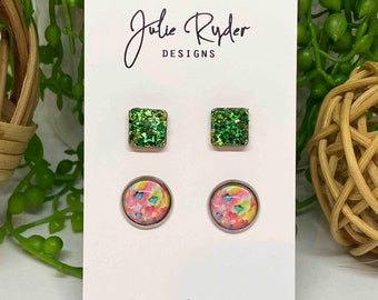 Set of 2 Earrings 12mm Round Glass Cabochon stud Original Julie Ryder acrylic painting flowers Square Green 10mm Glitter