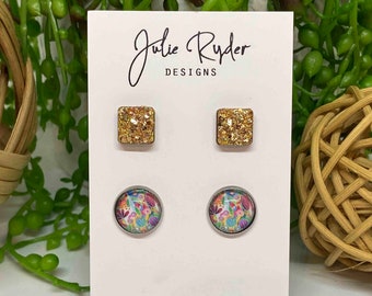 Set of 2 Earrings 12mm Round Glass Cabochon stud Original Julie Ryder acrylic painting Colourful flowres Square Gold 10mm Glitter
