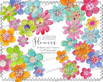 Grillige aquarel bloem clipart, 58 kieskeurige snijwonden, ongewenste tijdschrift efemere verschijnselen (digitale download)