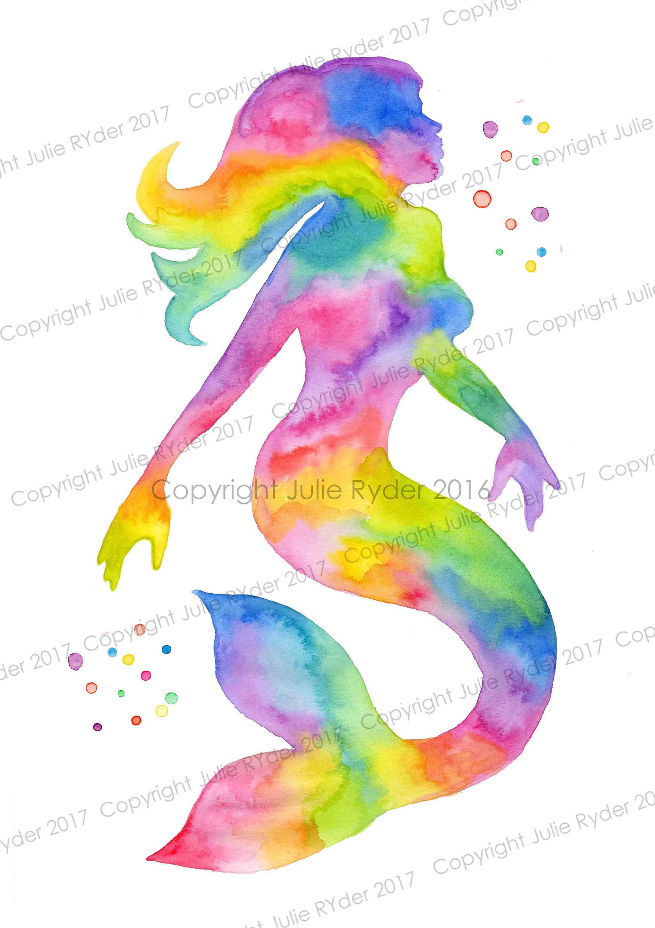 Mermaid Watercolour Print Bright Colourful Wall Art | Etsy