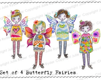 Set of 4 Watercolor Butterfly Fairy Fussy Cuts, Mixed Media Ephemera (Digital Download)