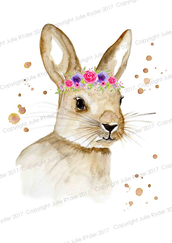 Print of Brown Bunny Rabbit with watercolour floral flower | Etsy