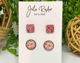 Set of 2 Earrings 12mm Round Glass Cabochon stud Original Julie Ryder acrylic painting flowers Square Rose Pink 10mm Glitter