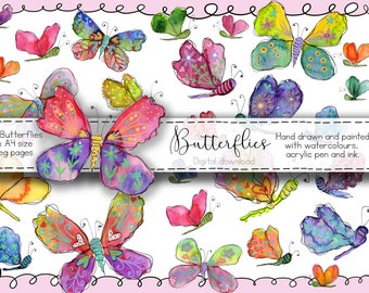 Watercolor Butterfly download, Junk Journal Ephemera (Digital Download A4 JPEGs 50+)