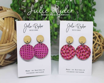 Pink Bamboo Dangle Hand Painted with Pink Criss Cross or Pink Red Dash Pattern Wooden Earrings Hypoallergenic Studs