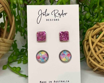 Set of 2 Earrings 12mm Round Glass Cabochon stud Original Julie Ryder acrylic painting Floral Colourful Square Pink 10mm Glitter