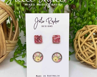 Set of 2 Earrings 12mm Round Glass Cabochon stud Original Julie Ryder acrylic painting yellow rose Square Rose Pink 10mm Glitter