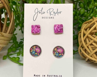 Set of 2 Earrings 12mm Round Glass Cabochon stud Original Julie Ryder acrylic painting Pink Daisy Square Pink 10mm Glitter