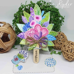 Hand Painted Paper Flower Bouquet with note card WONDER Pink Purple Blue  Green Flower Lavender Pot tag Sticker  tissue wrap Greeting Card