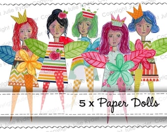 Printable Paper Dolls, Whimsical Fussy Cut Girls for Junk Journals, Mixed Media Collage Art & Scrapbooking Ephemera