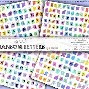 Puede incluir: Una colección digital de letras estilo rescate con varios caracteres del alfabeto impresos en pequeños trozos de papel de colores irregulares. Las letras aparecen en diversas fuentes y colores, dispuestas en filas en varias hojas.