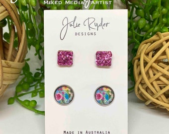 Set of 2 Earrings 12mm Round Glass Cabochon stud Original Julie Ryder acrylic painting pink yellow flowers Square Hot Pink  10mm Glitter