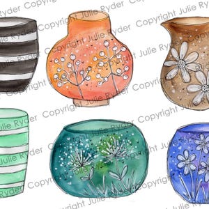 May include: Watercolor illustration of six decorative vases in various shapes and colors. The vases include a black and white striped vase, an orange vase with white floral accents, a brown pitcher with white flowers, a green striped vase, a teal vase with white floral accents, and a blue vase with white flowers.