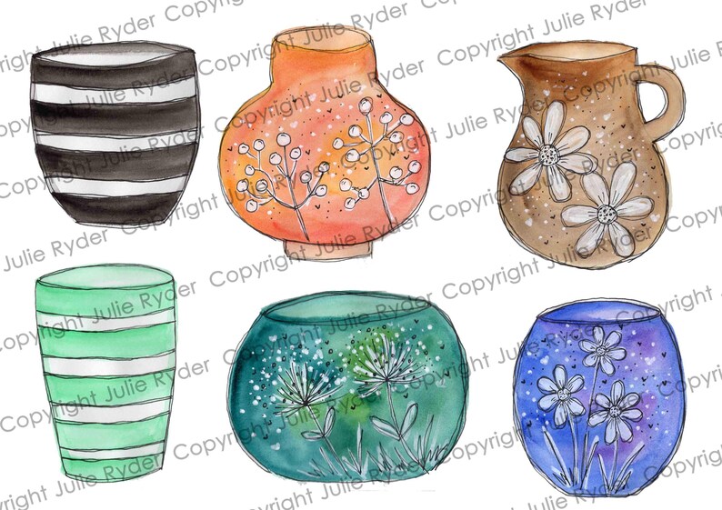 May include: Watercolor illustration of six decorative vases in various shapes and colors. The vases include a black and white striped vase, an orange vase with white floral accents, a brown pitcher with white flowers, a green striped vase, a teal vase with white floral accents, and a blue vase with white flowers.