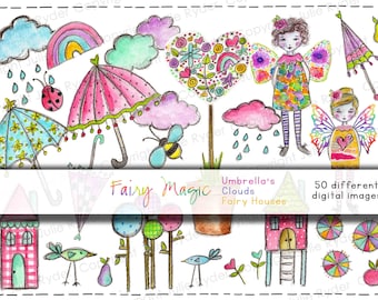 Printable Stickers Whimsical Fairy Magic  Hand drawn Digital Download Umbrella, Fairy Houses, Clouds  Scrapbooking Clip Art Collage