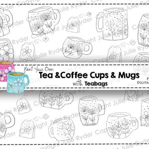 Pode incluir: Download digital de designs de chávenas e canecas de chá e café com saquinhos de chá. A imagem apresenta várias canecas desenhadas à mão com padrões florais e de folhas, juntamente com saquinhos de chá. As canecas são a preto e branco, com três canecas coloridas em verde, rosa e azul.
