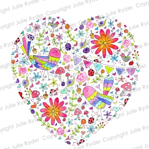 Floral Heart Watercolour Illustration heart shaped birds flowers, Spring clip art, wall art, sticker, greeting card, wall print, invitation