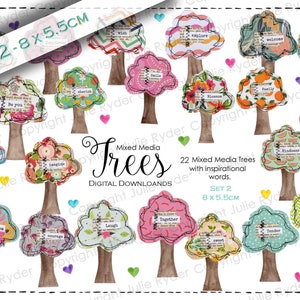 Puede incluir: Un conjunto de 22 diseños de árboles de técnica mixta, cada uno con un dosel estampado y un tronco marrón. Los árboles presentan palabras inspiradoras como "Smile", "Create" y "Kindness". El conjunto mide 2-8 x 5,5 cm.