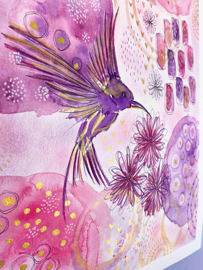 Pintura de acuarela de colibrí: Arte mural floral abstracto tamaño A3 ...