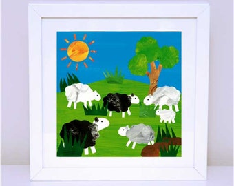 Art Print for Kids, Kids bedroom or Nursery wall art, Bedroom Decor: At the Farm - Grazing Sheep.