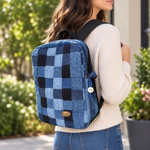 Upcycled Denim Patchwork Backpack, Small Rucksack, Boho Eco Friendly Bag