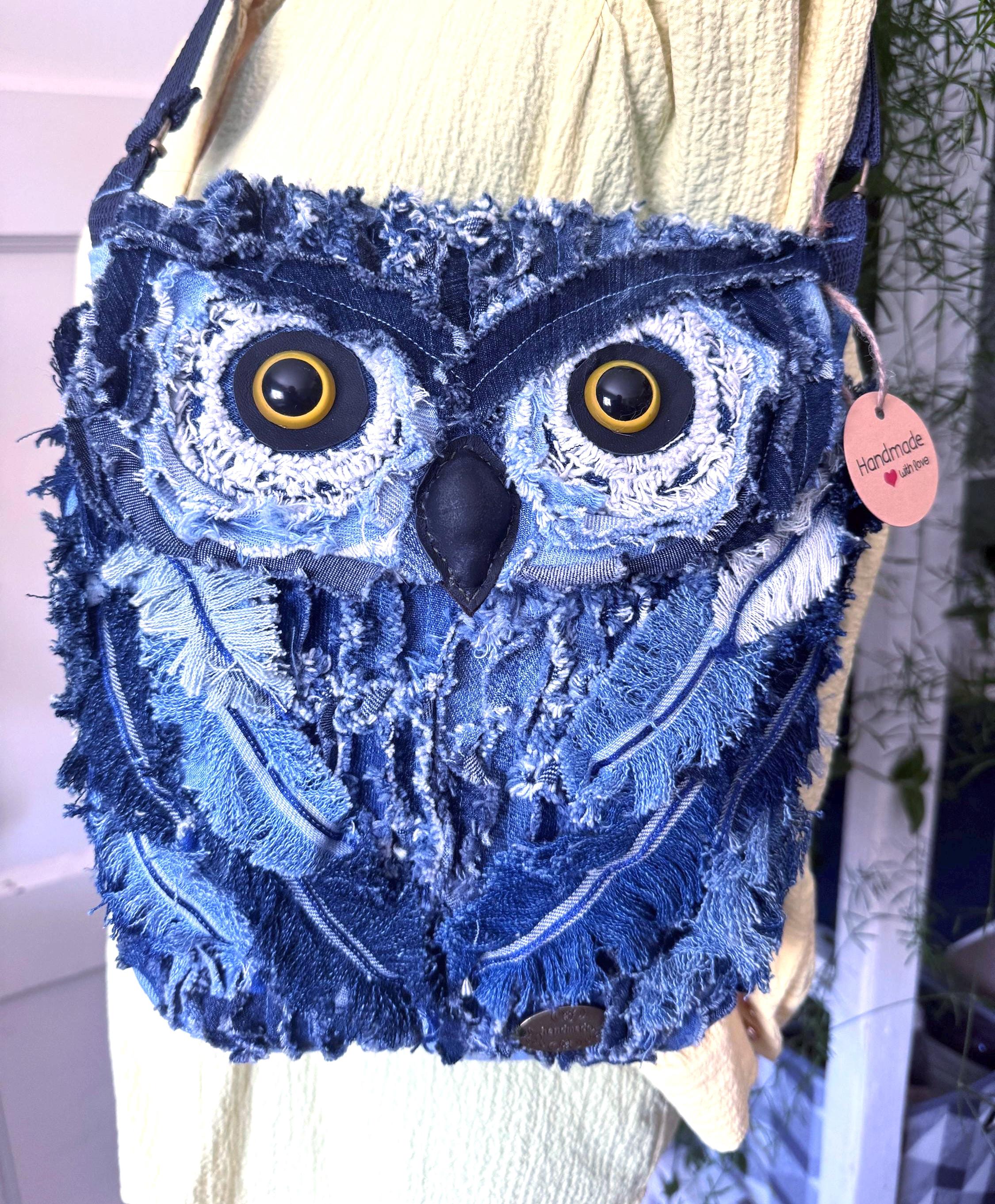 Handmade Denim Owl Crossbody Bag, Recycled Jeans, Chenille Technique, Adjustable Strap