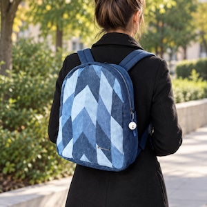 Upcycled Denim Patchwork Backpack, Handmade Boho Rucksack with Pockets