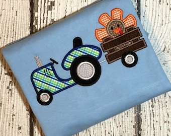 トラクターのアップリケ デザイン - 七面鳥のアップリケ デザイン - 感謝祭の刺繍デザイン