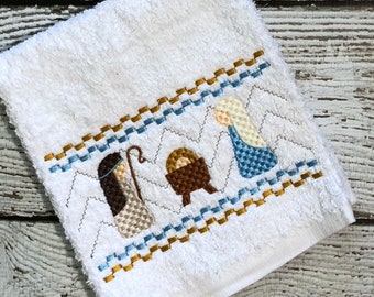 Nativity Faux Smock Embroidery Design - Christmas Machine Embroidery (Digital Download)