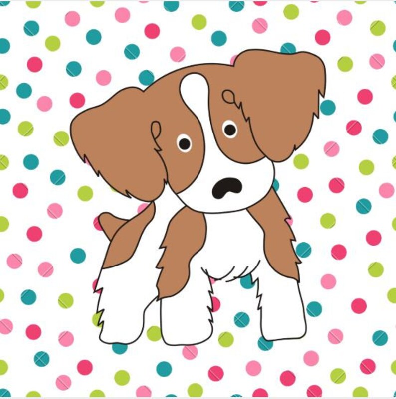 Puede incluir: Una ilustraci&oacute;n de dibujos animados de un perro marr&oacute;n y blanco con orejas ca&iacute;das de pie sobre un fondo blanco con lunares de colores.