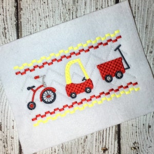おもちゃのフェイクスモック刺繍デザイン - ワゴンのフェイクスモック - 三輪車のフェイクスモック - 車のフェイクスモック