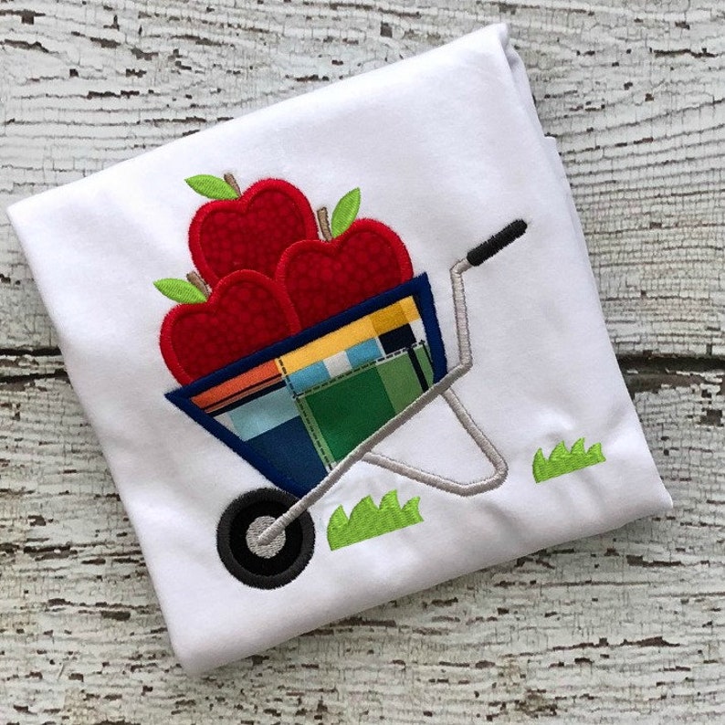 Apples in Wheelbarrow Applique Design Fall Applique Design Farm Applique Design image 1