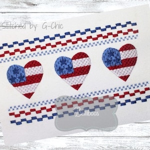 May include: Three red, white, and blue heart-shaped American flag designs with a blue and red stitched border. The text "Stitched by: G-Chic" appears at the top of the image. The text "Belliboos" appears at the bottom of the image.