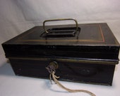 Antique Early 1900s Toleware Metal Bank Money Box Black Tin Cash Strong Box, Deed Document Box w Working Key