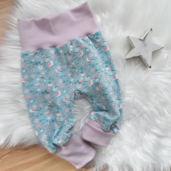 Pantalon pompe bébé/pantalon de croissance/pantalon tobe/pantalon bébé/fille/oiseau, petits oiseaux, bleu, animaux, fleurs/cadeau bébé- 44/46*50/56*62*68*74*80*86*92*98 *104