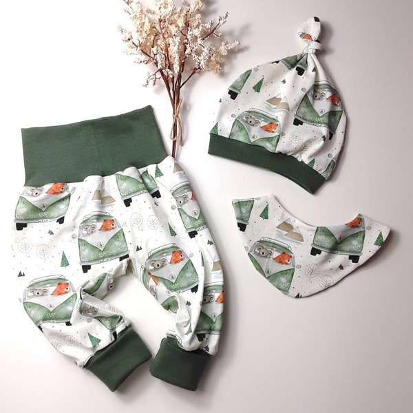 Conjunto de regalo para bebés Bulli Bus Camper Koala pantalones de bomba pantalones de cera niño niña regalo bebé niños recién nacidos, pantalones de bomba nudo sombrero pañuelo