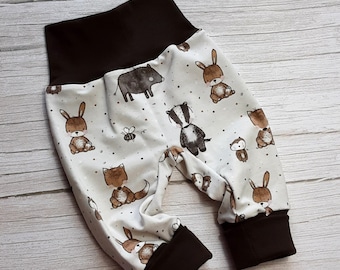 Baby bloomers forest animals badger rabbit wild boar growing pants baby pants romping pants, gift baby birth newborn, bloomers girl