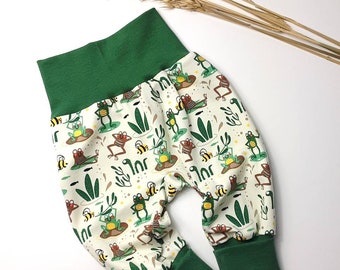 Baby frog-themed bloomers, frogs, frog pond, grow-with-me baby pants, gift for baby girls, gift for baby boys, boy's bloomers, frog bloomers
