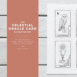 Celestial Oracle Card Printable Tarot Deck | Coloring Book PDF of 25 Black & White Line Art Drawings with Sun, Moon, Owl, Crow, Horse Totems