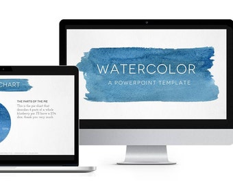 Minimal Watercolor Powerpoint Template in Blue, Yellow, Green - Hand painted customizable PPT presentation slide deck for school & business
