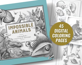 Afdrukbaar kleurboek voor volwassenen: onmogelijke dieren - pdf van 45 digitale pagina's grijswaardenafbeeldingen Wetenschappelijke illustraties van rare wezens Insecten