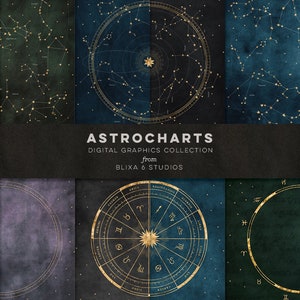 Astro-Charts Paquete Digital de Constelaciones de Astrología Imprimibles, Ruedas del Zodiaco, Mapas estelares y Gráficos Cósmicos de Fondo Clipart