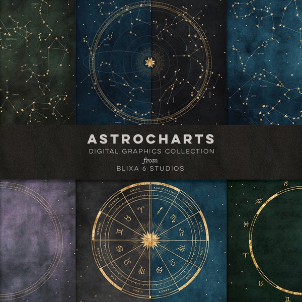 Astro-Charts Digital Pack of Printable Astrology Constellations, Zodiac Wheels, Star Maps & Cosmic Background Clipart Graphics