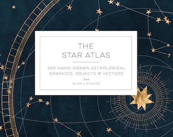 Puede incluir: Un fondo azul oscuro con estrellas doradas y constelaciones. El texto "THE STAR ATLAS 500 HAND-DRAWN ASTROLOGICAL GRAPHICS, OBJECTS & VECTORS from BLIXA 6 STUDIOS" está en un rectángulo blanco.