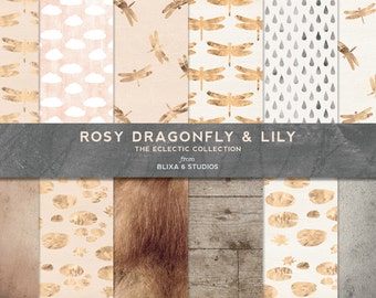 Rosy Gold Dragonfly Digital Scrapbook Patterns in Peach Pink, Gold Foil and Soft Gray Watercolor