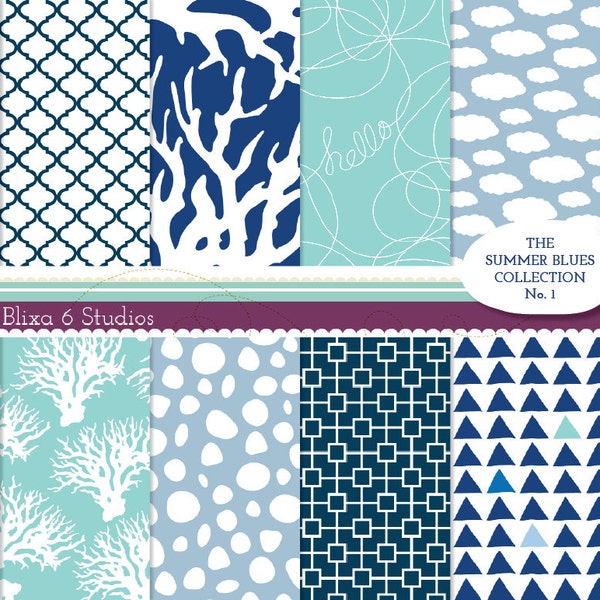 Summer Blues: Digital Paper Collection of 12 Printable Patterns in Indigo, Mint, Petrol and Marine