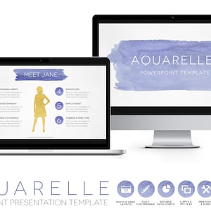 Op de afbeelding: Een Aquarel PowerPoint-presentatie sjabloon met een paarse aquarel achtergrond. De sjabloon bevat een silhouet van een persoon met een lijst van zes onderwerpen: Uitgavenpatronen, Entertainment, Familiedynamiek, Onderwijs, Werkgelegenheid en Hobby's & Vrije tijd.