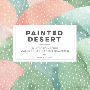 Cactus du désert peint Graphiques Clipart & Textures d'arrière-plan | Plantes succulentes, ciel et nuages en aquarelle ombrée et feuille métallique dorée