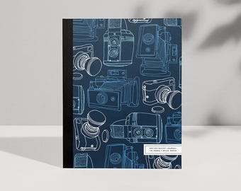 Bullet Journal w/ Blue Vintage Camera Illustration  | 8.5x11" Blank Notebook for Class Notes