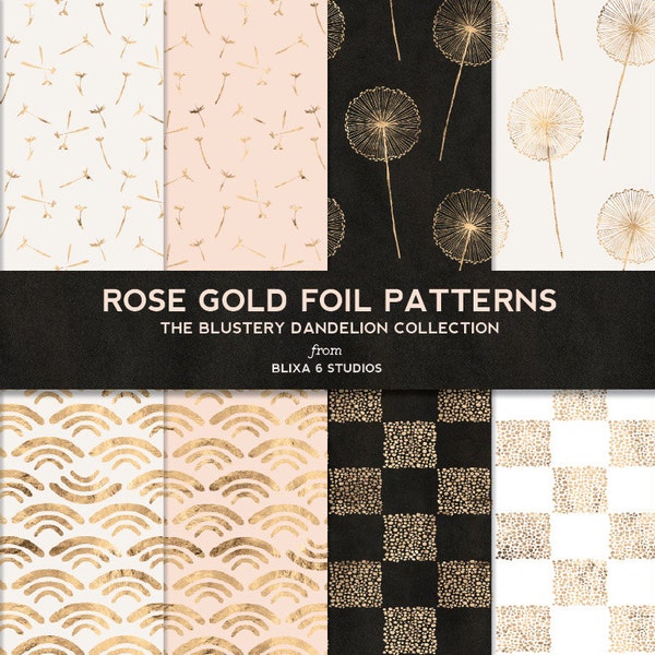 Dandelion Digital Patterns: Delicate Rose Gold Foil Printable Papers in Cream, Pink and Black